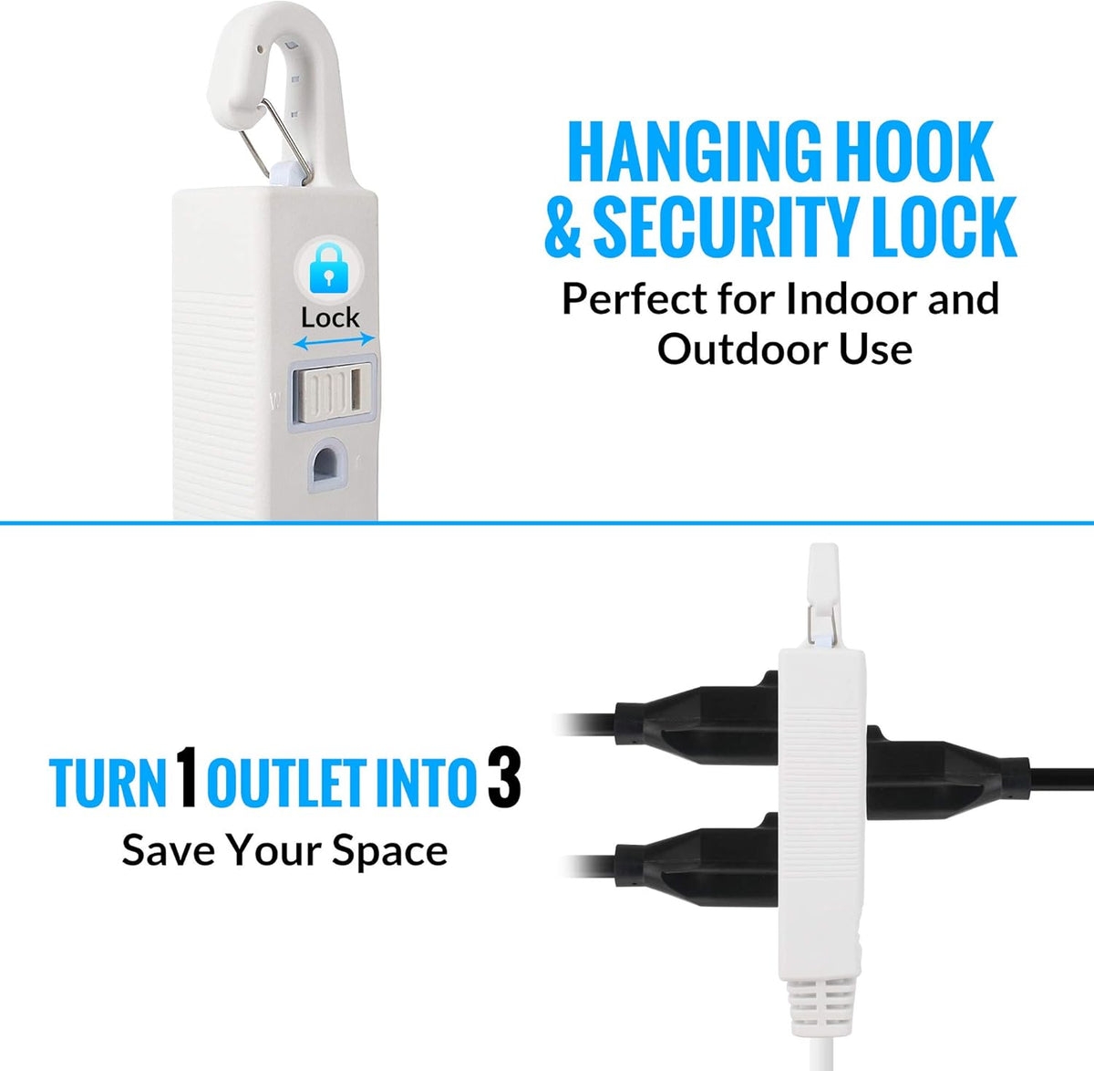 3-Outlet Angled Flat Plug Extension Cord with Easy Hook 16 Gauge