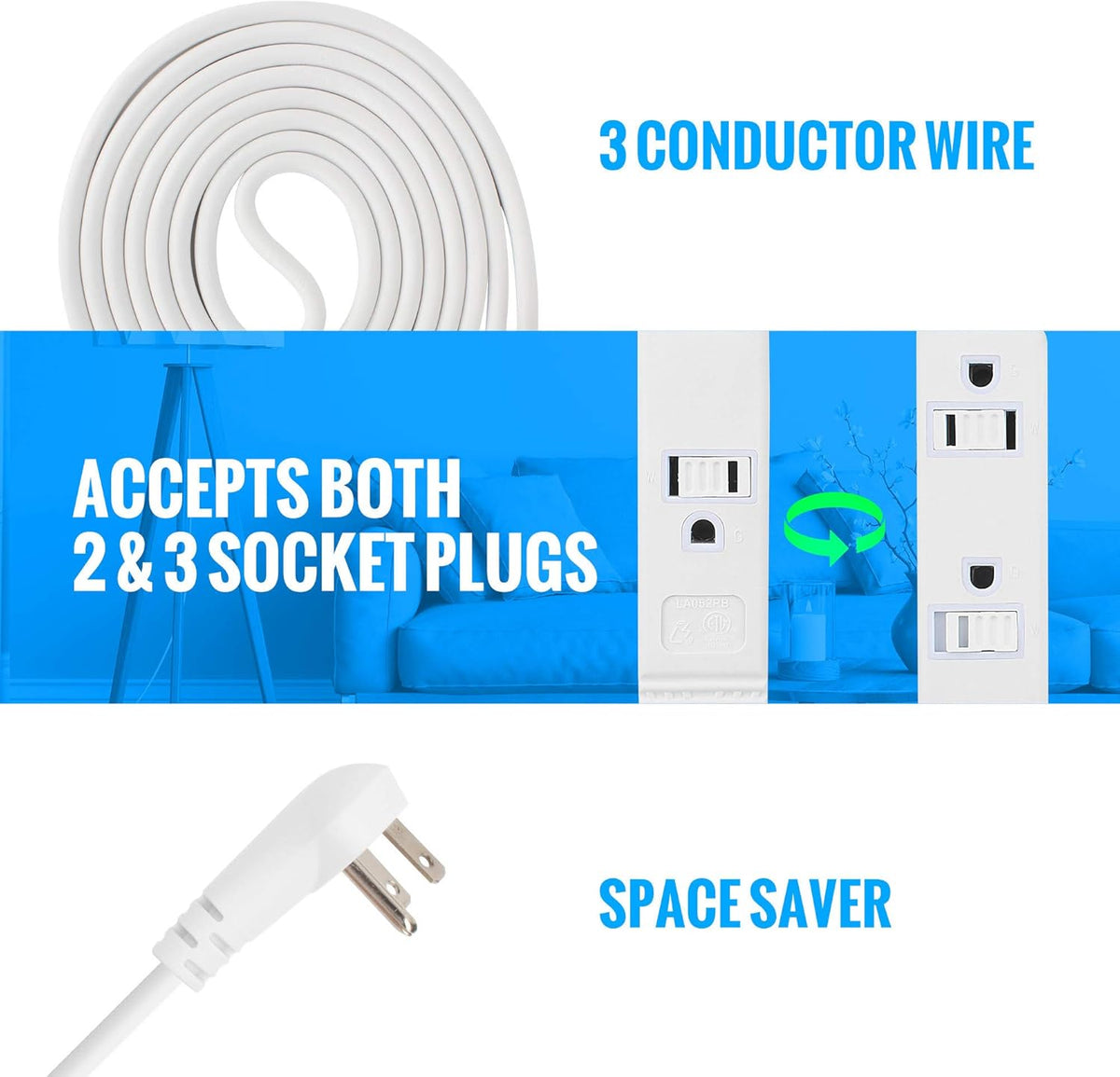3-Outlet Angled Flat Plug Extension Cord with Easy Hook 16 Gauge