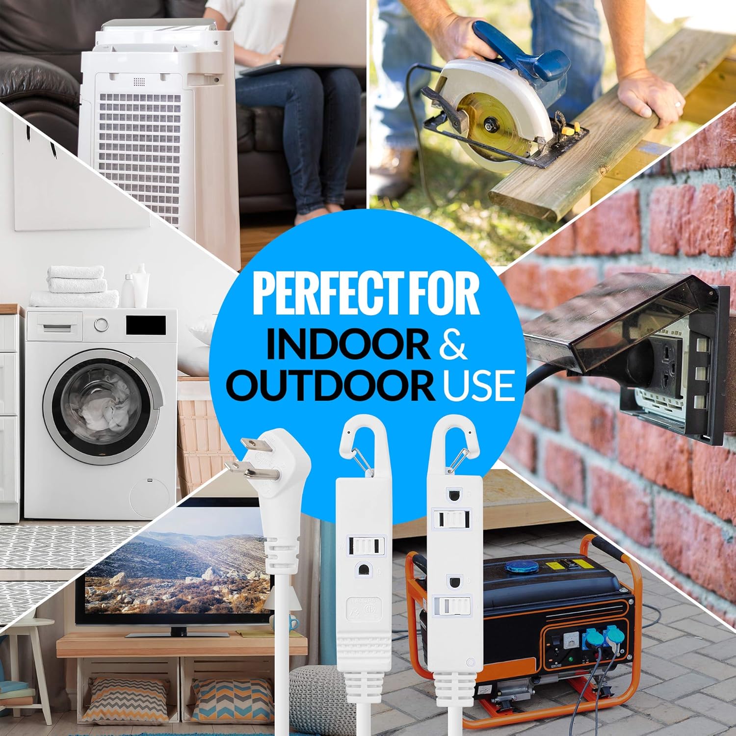 Maximm Extension Cord White with Automatic Closing Hook, Multi Outlet - 3 Prong Power Cord Extender Angled Flat Plug, Child Safety Feature