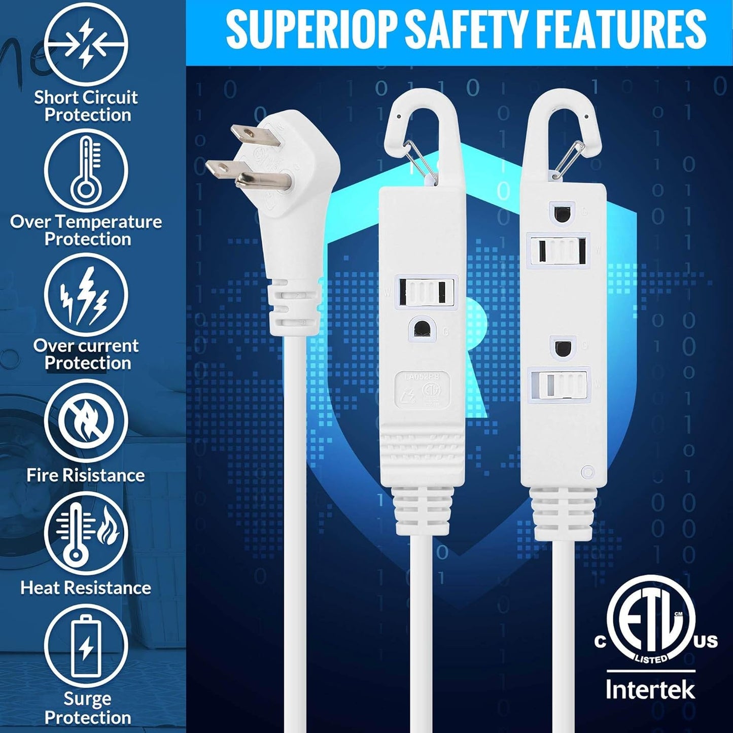 Maximm Extension Cord White with Automatic Closing Hook, Multi Outlet - 3 Prong Power Cord Extender Angled Flat Plug, Child Safety Feature