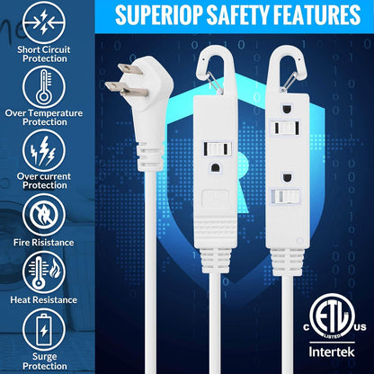 Maximm Extension Cord White with Automatic Closing Hook, Multi Outlet - 3 Prong Power Cord Extender Angled Flat Plug, Child Safety Feature